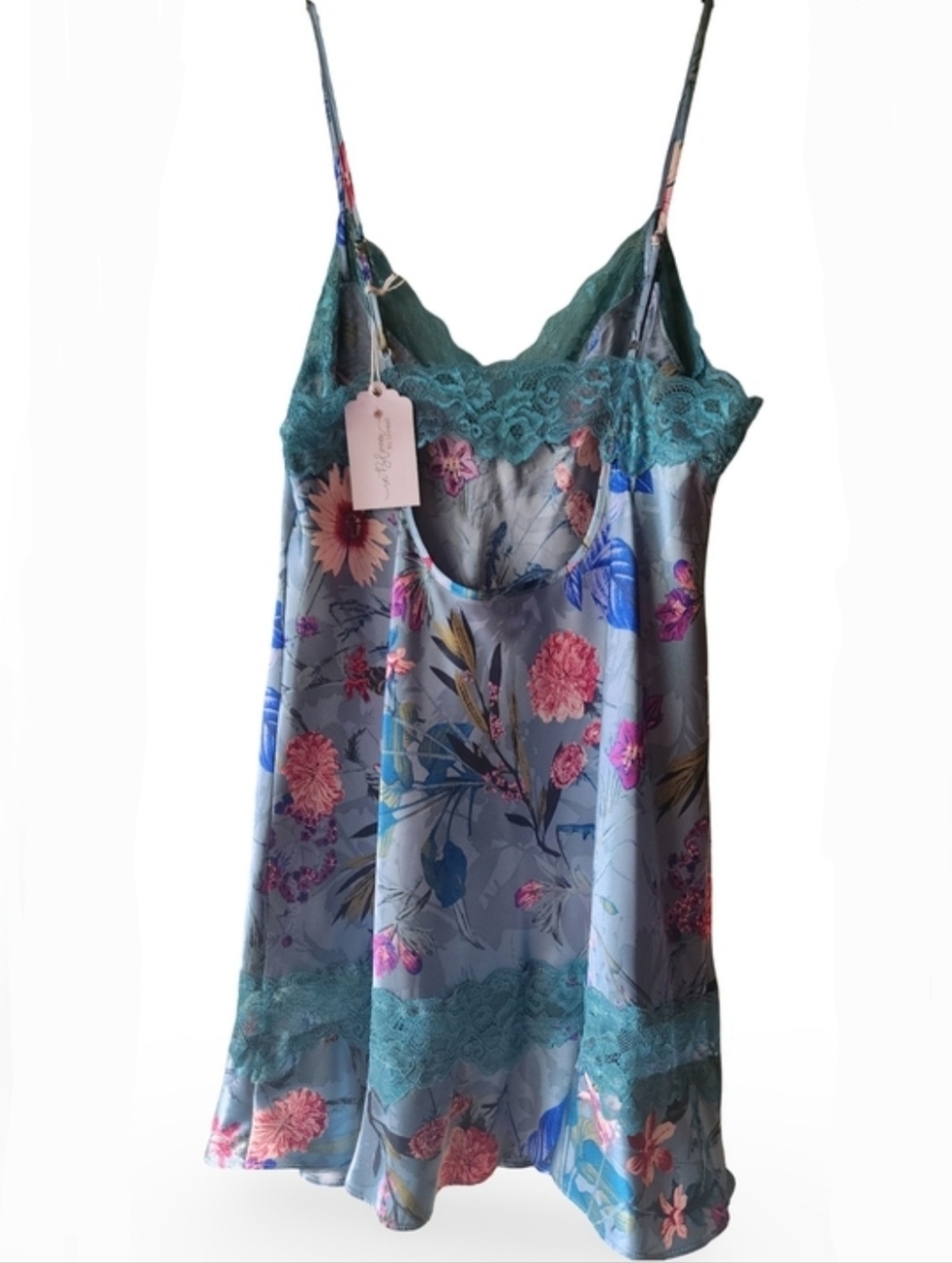 IN BLOOM BY JONQUIL Joelle Lace Trim Floral Satin Chemise Adriatic Blue Sz M NWT - Picture 2 of 4